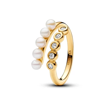 Pandora 14k aranyozott édesvízi tenyésztett gyöngyös és köves nyitott gyűrű 50-es méret - 163146C01-50