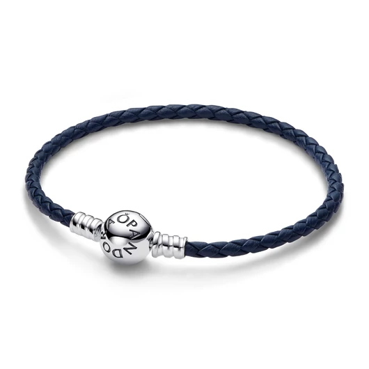 Pandora Moments kerek kapcsos kék fonott bőr karkötő 17,5 cm - 592790C01-S1